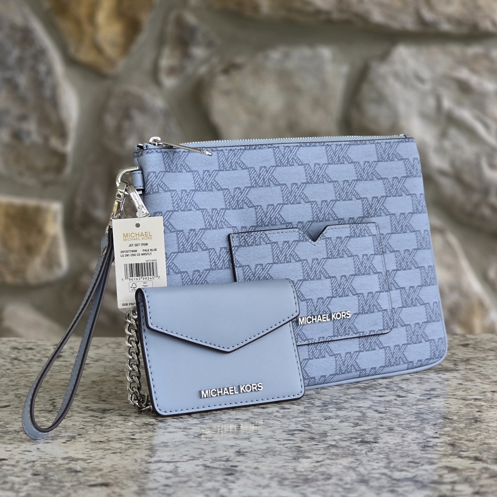 Michael Kors Jet Set Logo Large 2 In 1 Card Case Wristlet Blue - Picture 2 of 8